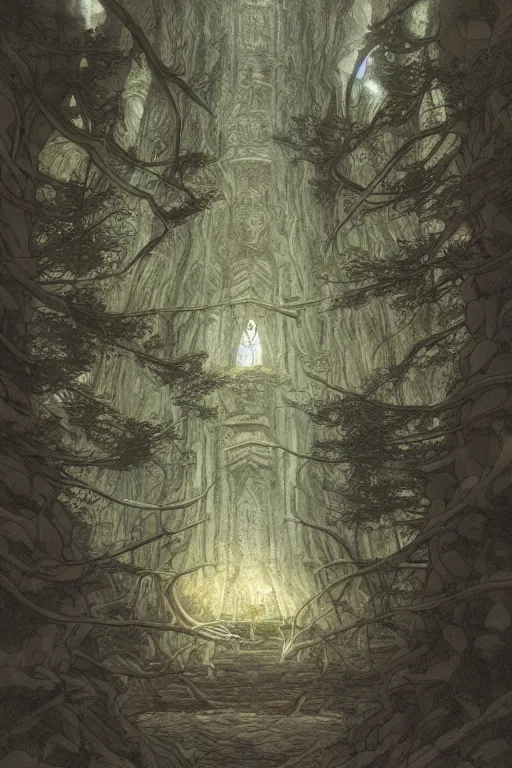 Prompt: sacred ash tree, stone temple interior, circle of power, mysterious, dramatic lighting, wide angle, highly detailed, in the style of alan lee and moebius