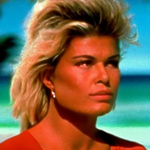 Image similar to color still shot of giorgia whigham on baywatch 1 9 8 9 tv show, face closeup,