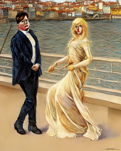 Prompt: Portrait of a  blonde lady and Michael mcintyre listening to Oasis on the Porto waterfront,real life skin, intricate, elegant, highly detailed, artstation, concept art, smooth, sharp focus, art by artgerm and greg rutkowski and alphonse mucha