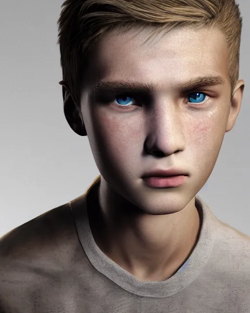 Prompt: portrait a 1 5 - year - old boy, with slender, white - blond hair, cold grey eyes, a pale complexion with sharp and pointed features close up, dramatic lighting, octane render, digital art