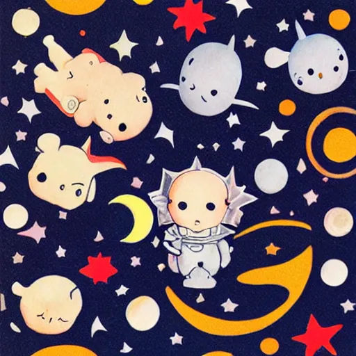 Prompt: Liminal space in outer space featuring Kewpies by Rose O Neill