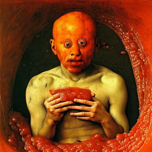 Prompt: a boy sitting in a tub full of tomato sauce, by giuseppe arcimboldo and ambrosius benson, renaissance, highly detailed, a touch of beksinski, fruit, intricate and intense oil paint, realistic