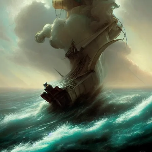 Prompt: An octopus emerging from the stormy ocean depths attacking a 17th century Ship-of-the-line, atmospheric, dramatic, concept art by Peter Mohrbacher