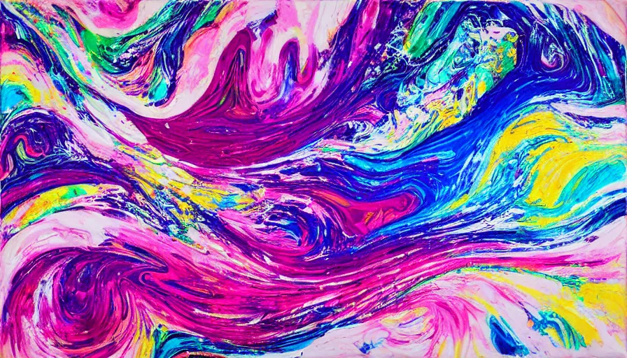 Image similar to acrylic paint pour, marbling, very detailed, large white border, 144x144 canvas, hd, high resolution print :1 Cyan, Pink, White, Yellow and Black :1