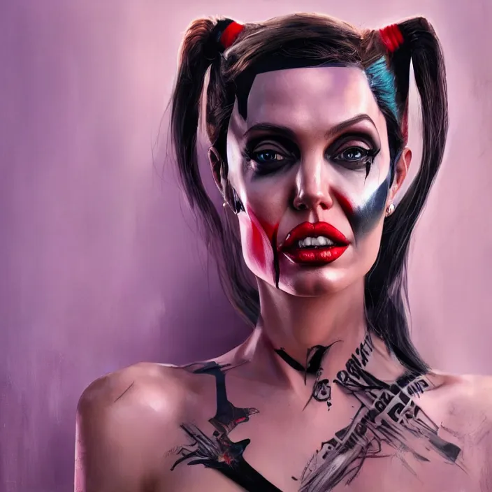 Image similar to portrait of Angelina Jolie as a harley quinn. intricate abstract. intricate artwork. by Tooth Wu, wlop, beeple, dan mumford. octane render, trending on artstation, greg rutkowski very coherent symmetrical artwork. cinematic, hyper realism, high detail, octane render, 8k, iridescent accents