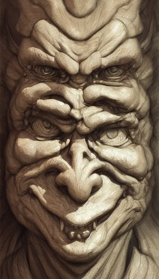 Prompt: wooden gargoyle face forward, looking in the camera, paint texture, digital painting, highly detailed, artstation, sharp focus, sunlit, painted by ruan jia, raymond swanland, lawrence alma tadema, zdzislaw beksinski, norman rockwell, jack kirby, tom lovell, alex malveda, greg staples