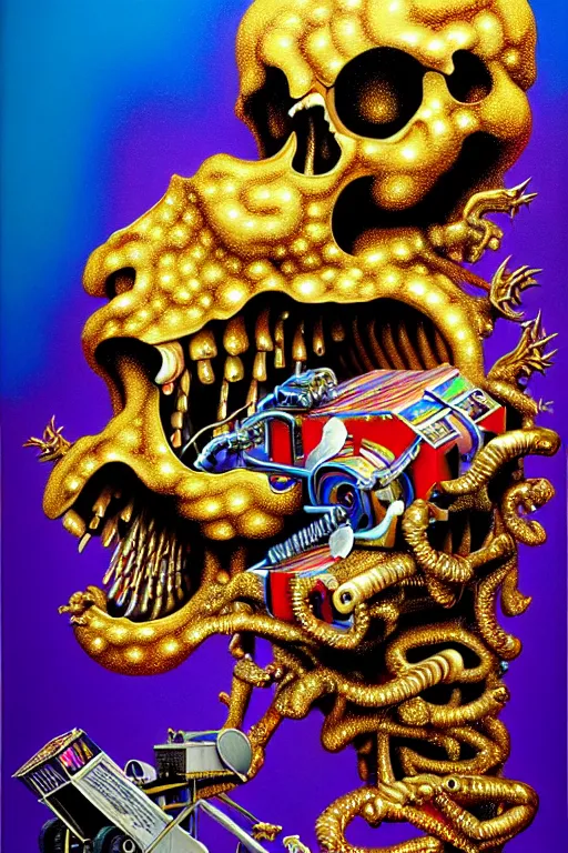 Image similar to a hyperrealistic painting of a ornate jewel embellished gold death machine spewing chunks out of a wood chipper, cinematic horror by chris cunningham, lisa frank, richard corben, highly detailed, vivid color,