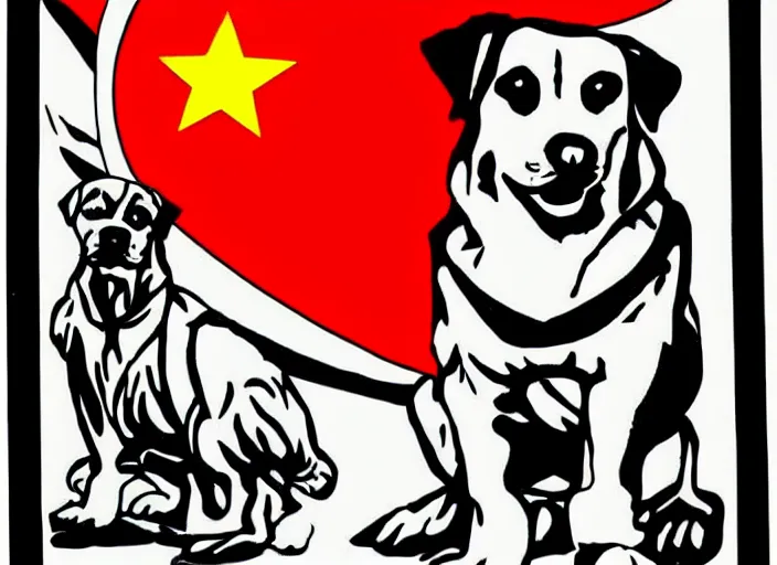 Image similar to communist propaganda poster of a dog. black ink outline