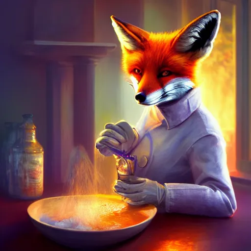 Prompt: a fox mixing chemicals in a kitchen, portrait, fantasy, beautiful face, vivid colors, elegant, concept art, sharp focus, digital art, hyper - realistic, 4 k, unreal engine, highly detailed, hd, dramatic lighting by brom, trending on artstation