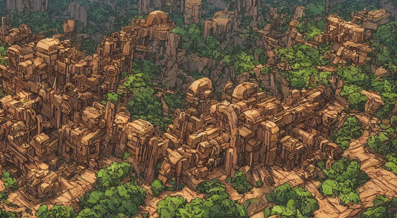 Prompt: wood fortress greeble block amazon jungle global illumination ray tracing that looks like it is from borderlands and by feng zhu and loish and laurie greasley, victo ngai, andreas rocha, john harris