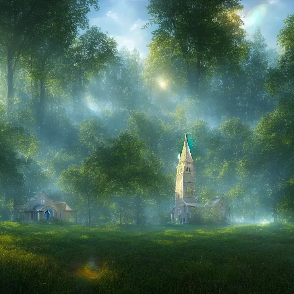 Prompt: iridescent chapel with a steeple in an old green courtyard meadow, gold and blue glow sparkles floating around in the air and sky, lush forest, ethereal, clouds, rainbows atmospheric, volumetric, greg rutkowski, photoreal, unreal engine, ray - tracing, film still, artstation, 8 k