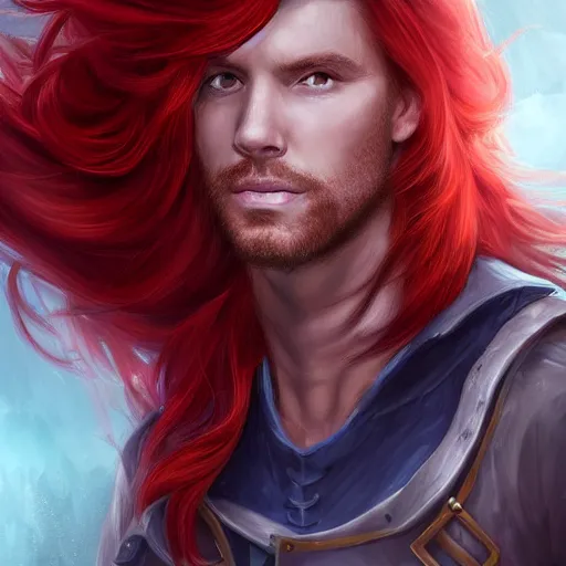 Image similar to portrait of a handsome male ship captain with long red hair!!!!!!, 30 years old, bashful, upper body, ethereal, muscular, friendly, playful, D&D, hairworks, Unreal 4, fantasy, elegant, highly detailed, digital painting, hairworks, deviantart, artstation, concept art, sharp focus, dramatic lighting, illustration, art by Artgerm and Greg Rutkowski and Alphonse Mucha