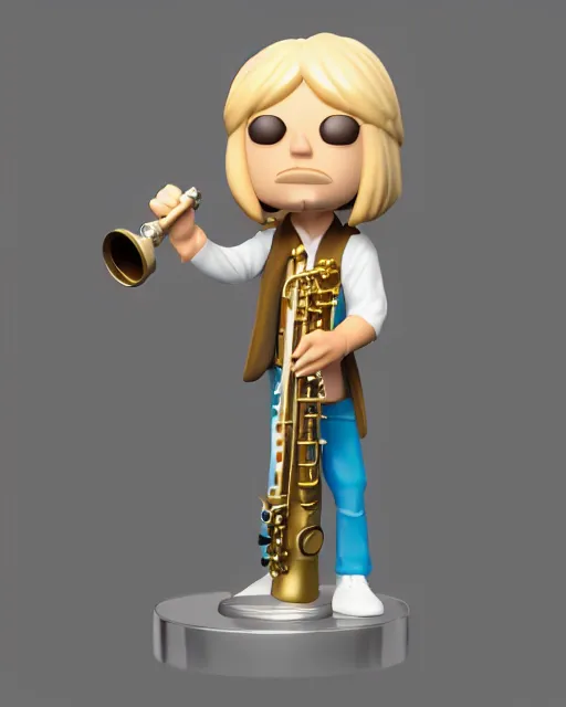 Image similar to full body 3d render of blond hippie man playing sax as a funko pop!, studio lighting, grey background, single body, no shadow, blender, trending on artstation, 8k, highly detailed