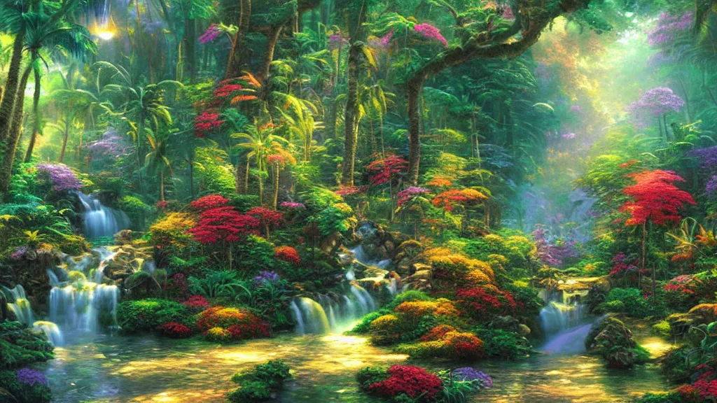 Prompt: beautiful tropical forest, illustration by thomas kinkade, colorful, matte painting 3 - d 4 kcreative design 8 k digital art