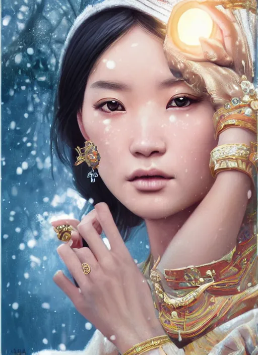 Image similar to a beautiful young charming asian goddess with sundress & jewelry & shinny eyes & winter, symmetric, realistic shaded, unpleasant face, good looking, fine details, dior, lv, realistic shaded lighting poster by greg rutkowski, macoto takahashi, magali villeneuve, artgerm, jeremy lipkin and michael garmash
