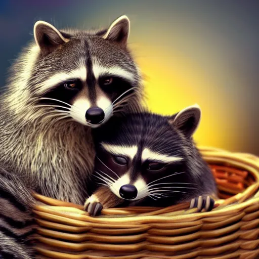 Image similar to a beautiful and realistic picture of a cat and a raccoon cuddling in a basket with a red sunset behind, photo realistic 4K, shot with a 35mm, very detailled, trending on Artstation