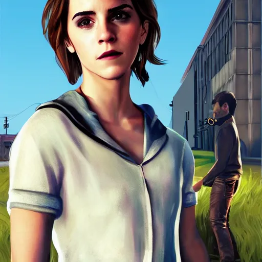 Image similar to emma watson in gta v, cover art by stephen bliss, artstation, no text