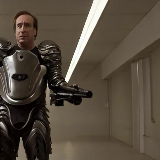 Image similar to Movie still of Saul Goodman wearing futuristic futuristic futuristic armour while holding a shotgun, highly detailed, 4k