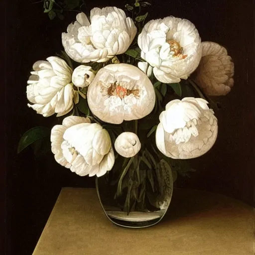 Prompt: atmospheric beautiful bouquet of white delicate peony in the sunny room of his beloved wife, wrote renaissance michelangelo