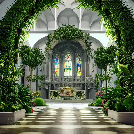 Prompt: grand cathedral interior with koi pond in the middle surrounded by palm trees, ivy, flowers, tropical plants, roses, and with archways, rendered in octane render with photorealistic lighting, cinematic