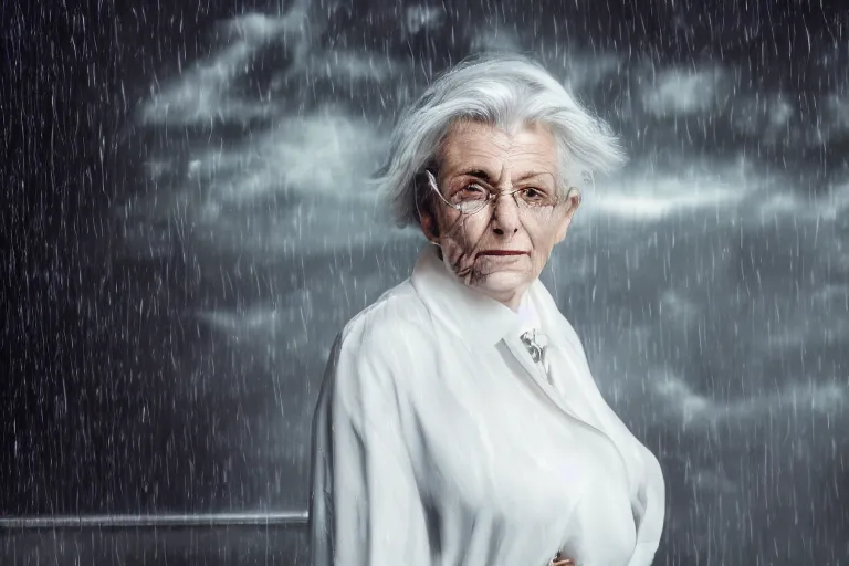 Image similar to a realistic cinematic headshot portrait of an old woman, wearing futuristic white suit in a skyscaper office, 4 k, ultra realistic, dramatic lighting, rain, clouds, fog, vogue, fashion, magazine spread, by annie leibovitz