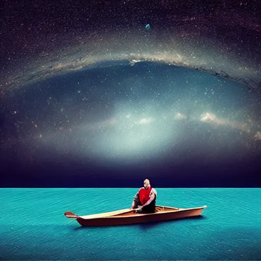 Image similar to A man rowing a boat through space, there are stars all around, photorealistic.