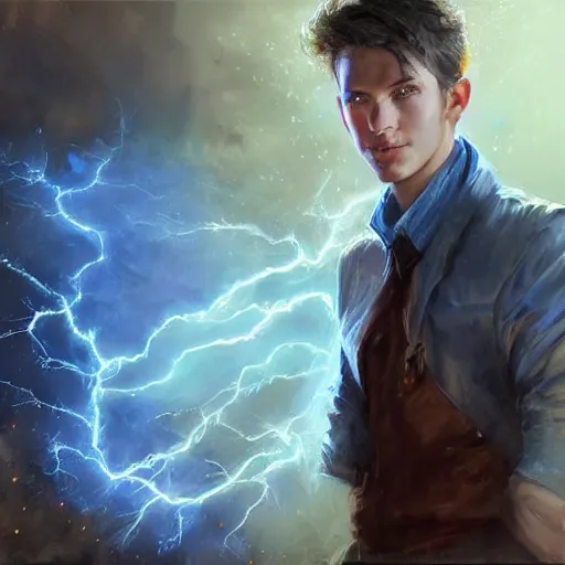 Prompt: a handsome young man with glowing blue eyes sparkling with blue lightning in emotional turmoil. sparks. electricity. digital art. fantasy. matte painting sharp focus. highly detailed. uhd. by michael garmash. krenz cushart tianhua xu