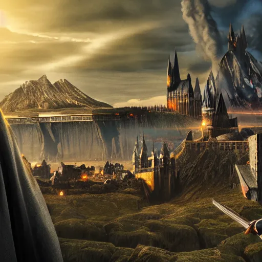 Prompt: harry potter taking a golden ring to mordor, mordor as a bustling city, extremely detailed, sharp focus, skyline, vast, gothic, lord of the rings, mount doom, 4 k, fantasy, concept art, gritty