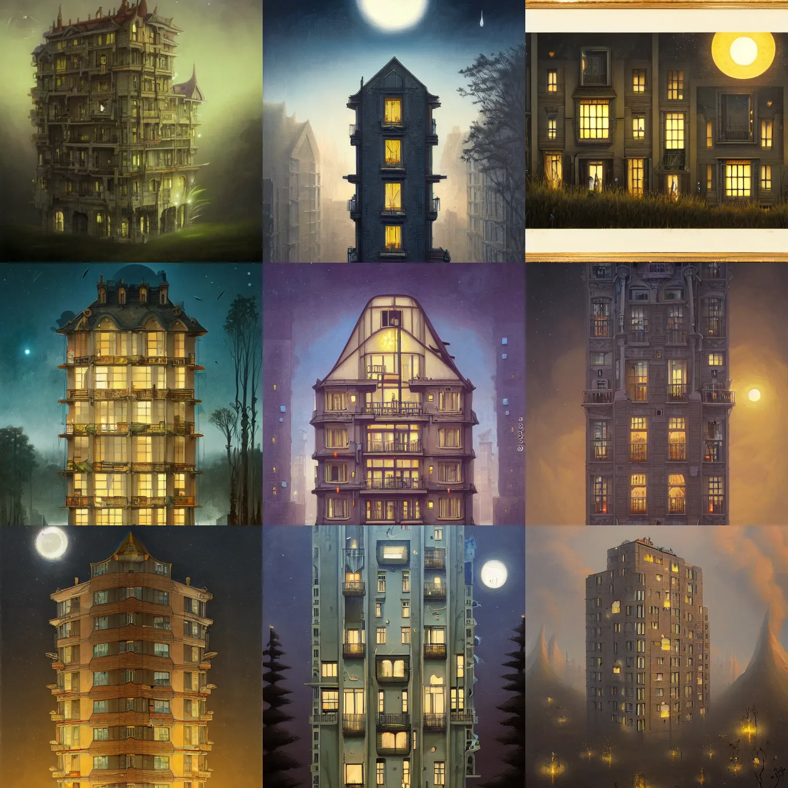 Prompt: a single apartment building in a moonlit night by peter mohrbacher and jacek yerka, symmetrical composition