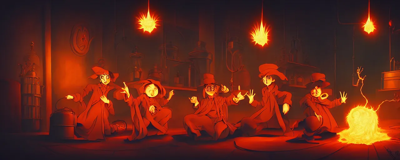 Prompt: wild alchemist mutants in a fiery alchemical lab deep in the imaginal sea, dramatic lighting, surreal fleischer cartoon characters, shallow dof, surreal painting by ronny khalil