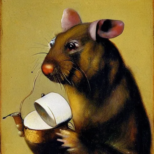Prompt: Portrait of a molerat drinking tea, painted by Rembrandt