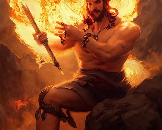 Image similar to handsome tattooed gym fire mage firebreath magic spell vfx, diagonal spell vfx, fantasy game spell, fantasy epic painting by artgerm, gaston bussiere, craig mullins, j. c. leyendecker, tom of finland