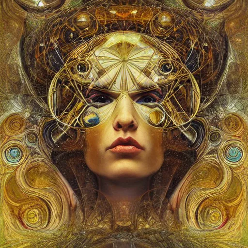 Image similar to Divine Chaos Engine portrait by Karol Bak, Jean Deville, Gustav Klimt, and Vincent Van Gogh, celestial, sacred geometry, visionary, mystic, fractal structures, ornate realistic gilded medieval icon, spirals