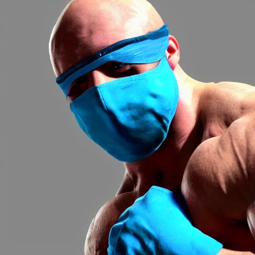 Image similar to muscular wrestler, bald, eyepatch, blue mask covering mouth, realistic,