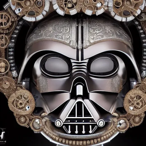 Image similar to A close up symmetric steampunk darth vader mask with sparkling eyes made from ornate engraved full plate armor and Rolex gears and jewels and gems, macro shot by Justin Gerard, unreal engine, detailed, intricate, physically based rendering