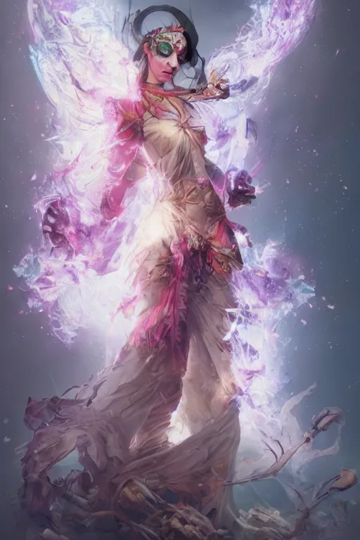 Image similar to beautiful girl necromancer, witch - doctor exploding into flowers fire crystal dress, angels, 3 d render, hyper - realistic detailed portrait, holding fire and electricity, ruan jia, wlop. scifi, fantasy, magic the gathering, hyper detailed, octane render, concept art by artgerm, peter mohrbacher