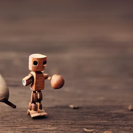 Image similar to a tiny wooden robot has fallen in love with an acorn, octane, tilt shift