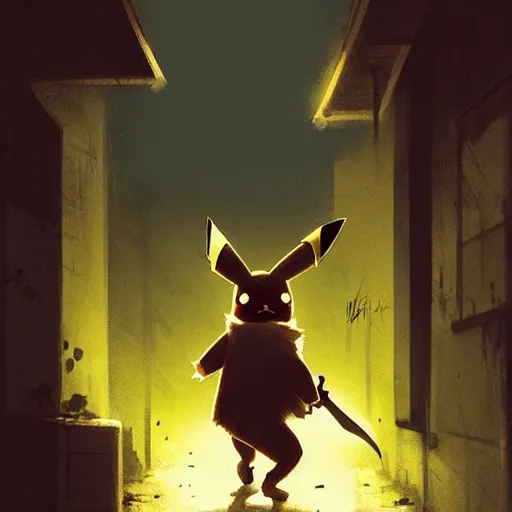 Prompt: pikachu wielding a machete and mugging people in a back alley, art by greg rutkowski, intricate, elegant, highly detailed, smooth, sharp focus, artstation