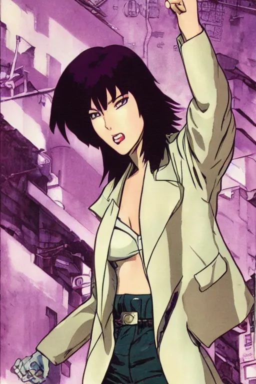 Prompt: motoko kusanagi by masamune shirow, trading card, moebius, trenchcoat, determined expression, dirty alleyway background, pin - up