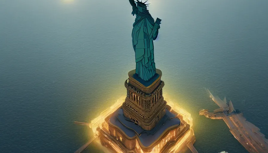 Image similar to A highly detailed matte painting of Statue of Liberty NY, by Studio Ghibli, Makoto Shinkai, by Artgerm, by beeple, by Greg Rutkowski, volumetric lighting, octane render, 4K resolution, trending on artstation, masterpiece