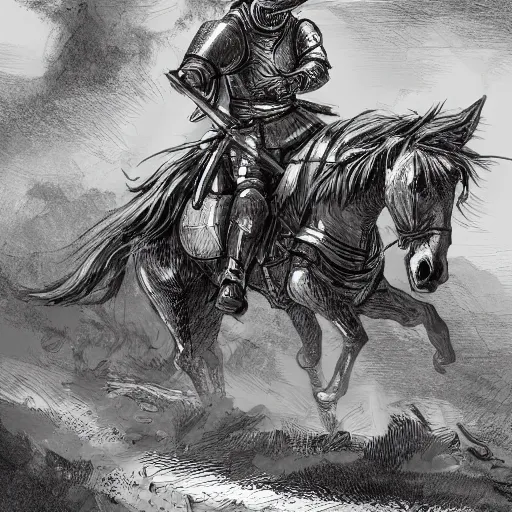 Image similar to A knight on a horse fighting a tank. Highly detailed. digital illustration. In the style of Veronique Meignaud.