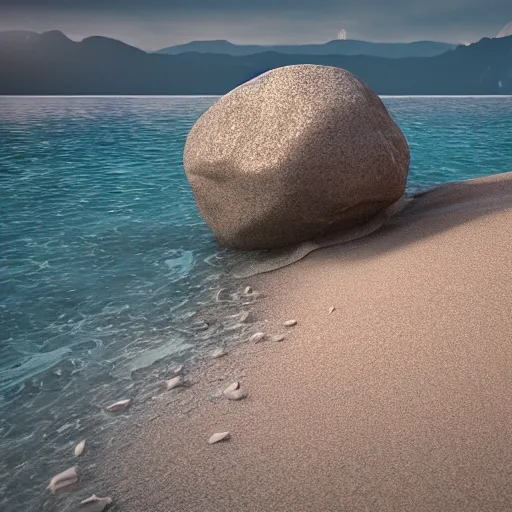 Image similar to a beautiful rock on the beach, octane render, nvidia raytracing demo, detailed, 8 k, masterpiece