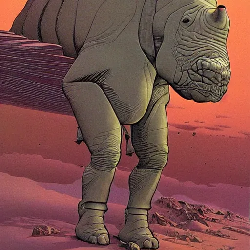 Prompt: humanoid rhino cyborg | jean giraud moebius