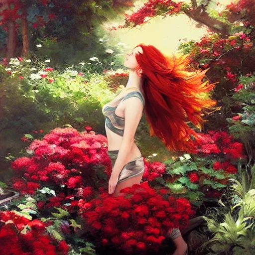 Prompt: a beautiful red haired woman in a garden, beautiful painting by raymond swanland