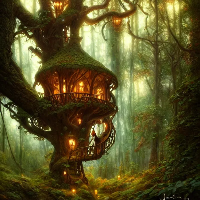 Prompt: cozy enchanted treehouse in ancient forest , diffuse lighting, fantasy, intricate, elegant, highly detailed, lifelike, photorealistic, digital painting, artstation, illustration, concept art, smooth, sharp focus, art by John Collier and Albert Aublet and Krenz Cushart and Artem Demura and Alphonse Mucha