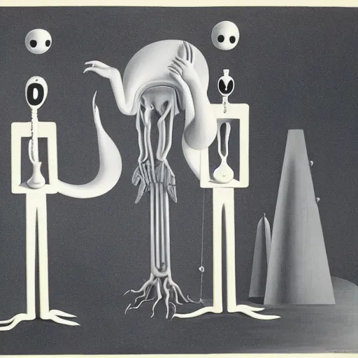 Prompt: Two extremely tall mechanical beings in a deep conversation. Dali. Yves Tanguy.