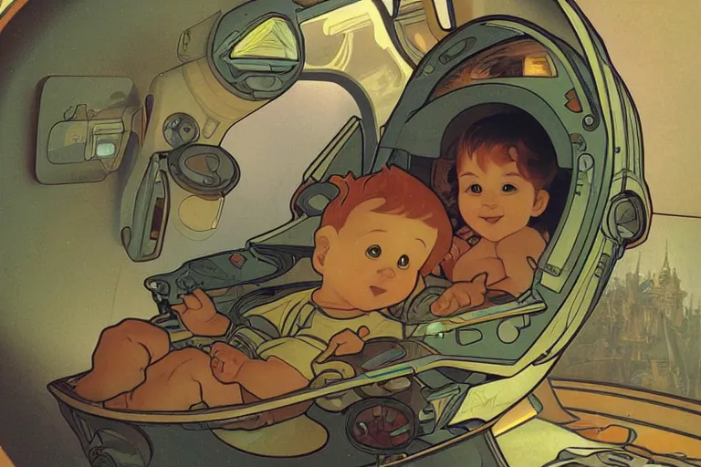 Image similar to a baby in a spaceship, very detailed, smooth render, illustration, art style by shigeru miyamoto and Alphonse Mucha