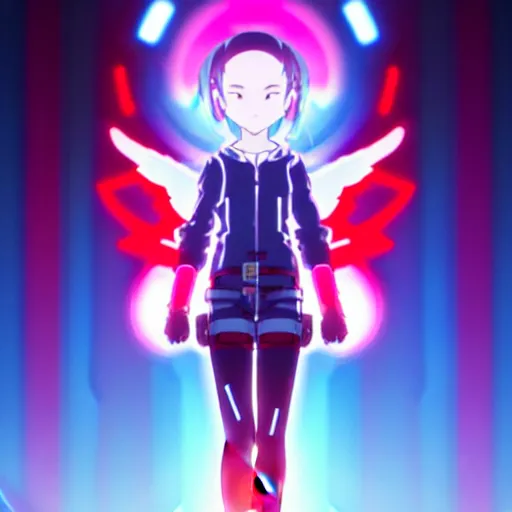 Prompt: anime cyberpunk movie still from pokemon in the style of digimon : : small female android cyborg - angel, glowing red left eye and glowing blue right eye : : cinematic lighting, advanced digital cyberpunk art : : wlop, rossdraws sakimimichan, ilya kuvshinov, krenz cushart, greg rutkowski