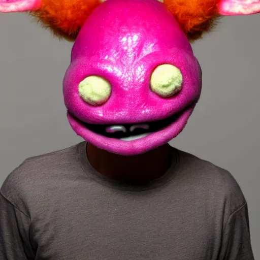 Image similar to an alien with a face that looks like a fuzzy peach the peach is fuzzy pink warm and ripe the alien has horns and a mean smile, 4k, highly detailed, high quality, amazing, high particle effects, glowing, majestic, soft lighting