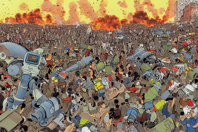 Prompt: riot in France between mecha robot and people by Geof Darrow, detailed realistic picture, photojournalism, tear gas fire cocktail molotov